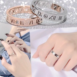 羅馬數字鑲鑽鈦鋼戒指18K玫瑰金鑲鑽鏤空Ins時尚情侶款經典指環