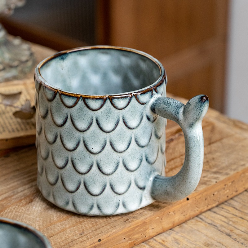 500ml【大容量】新款浮雕設計美人魚陶瓷杯個性馬克杯子復古窯變釉咖啡杯