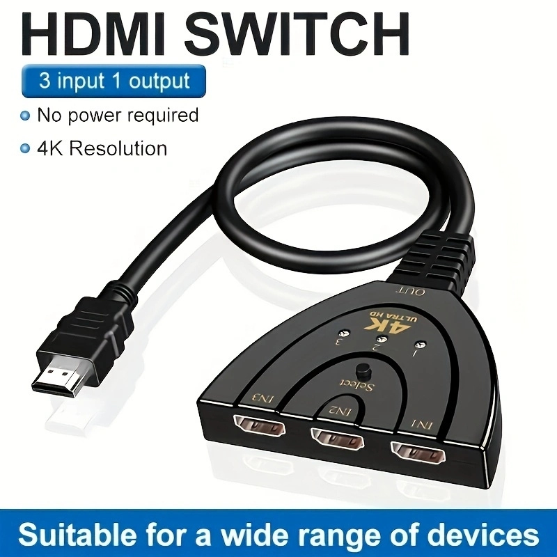 4k HDMI 分配器 3 進 1 出,3 端口 HDMI 切換器選擇器,帶尾纖 HDMI 電纜,支持全高清 4K 10