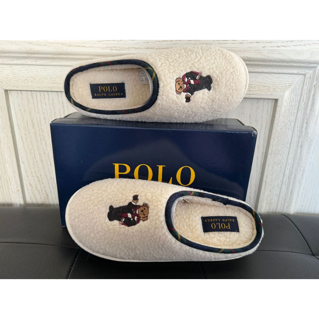 【Ethan】美日韓業余代購 Polo Ralph Lauren 白色羊羔絨 可愛圍巾小熊 男女室內毛拖鞋