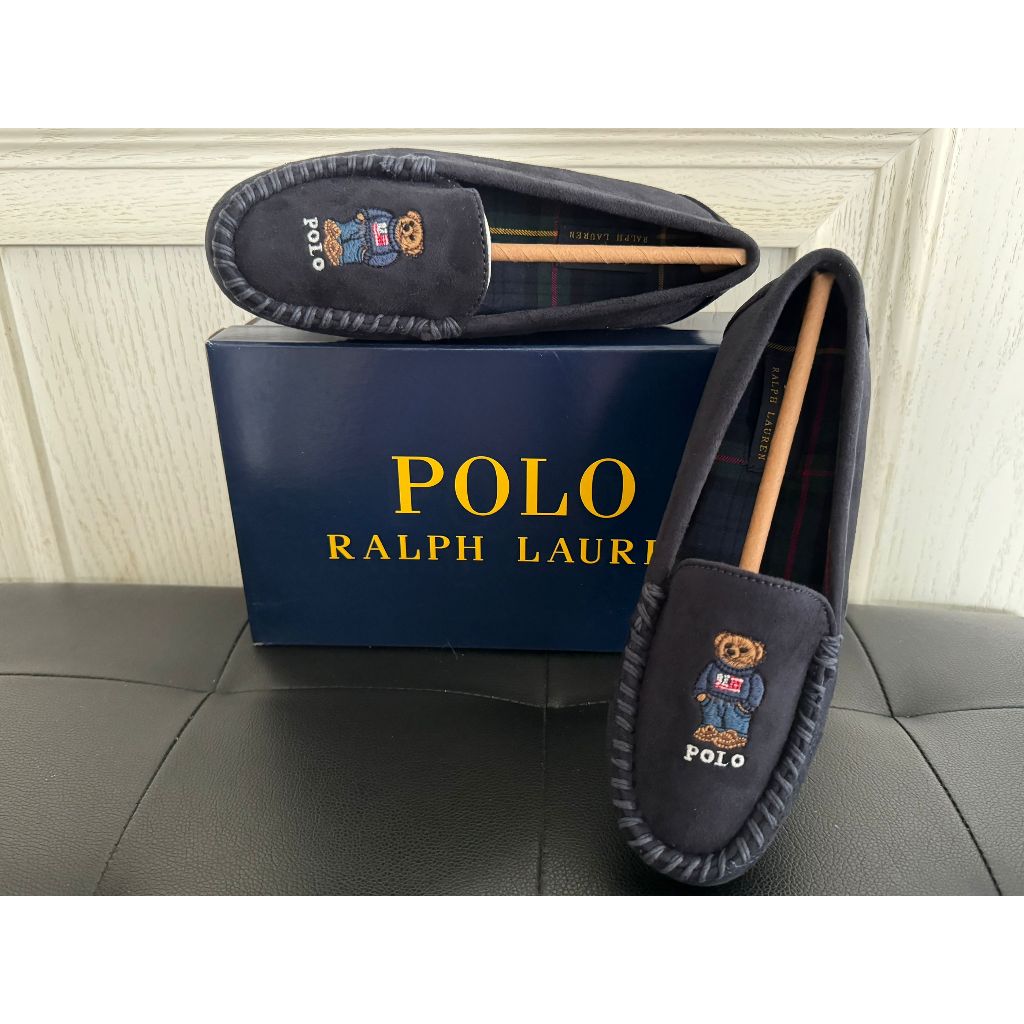 【Ethan】美日韓業余代購  Polo Ralph Lauren 海藍麂皮絨可愛小熊單裡豆豆鞋 輕便一腳蹬懶人鞋