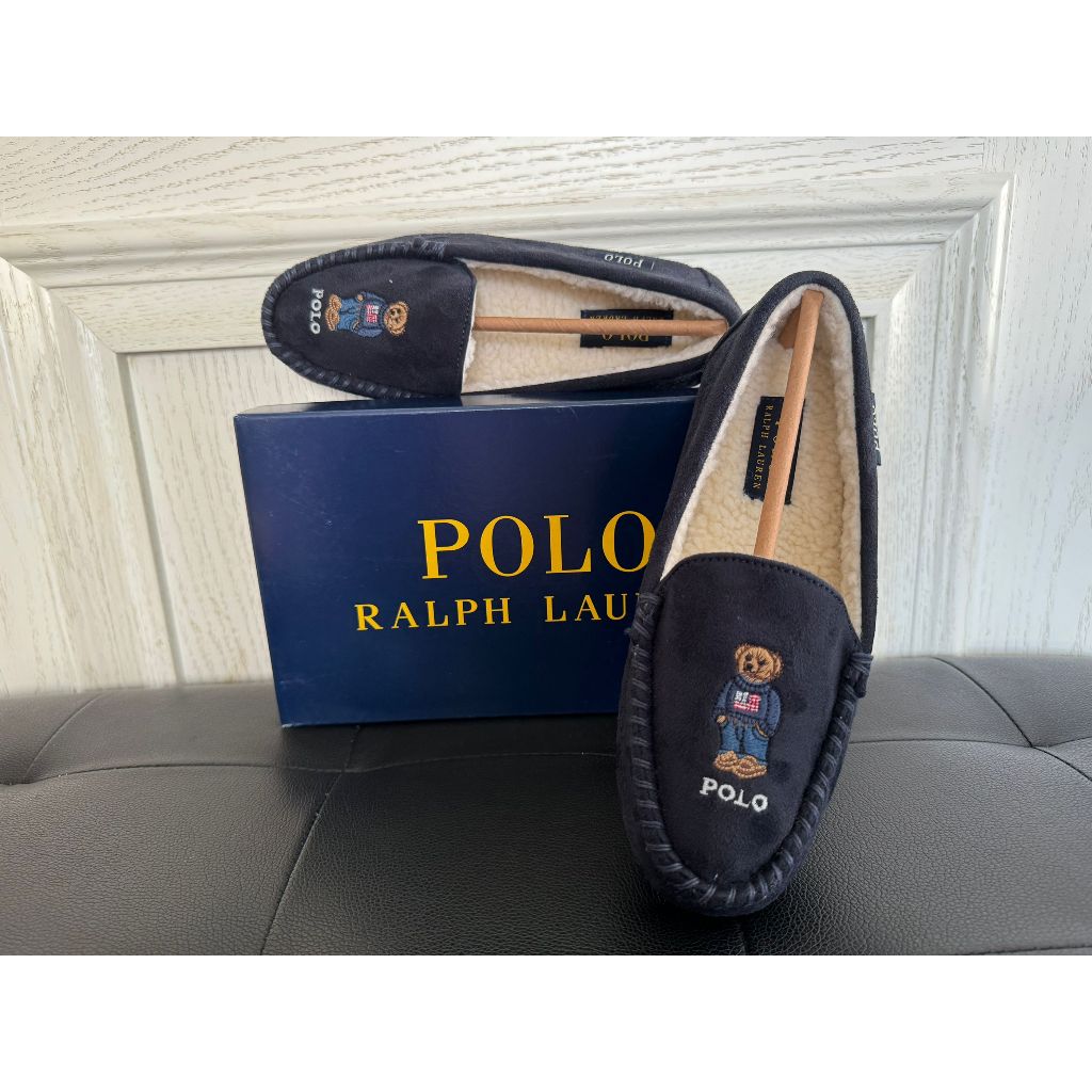 【Ethan】美日韓業余代購 Polo Ralph Lauren 海藍麂皮絨 可愛小熊加绒豆豆鞋輕便一腳蹬 懶人鞋