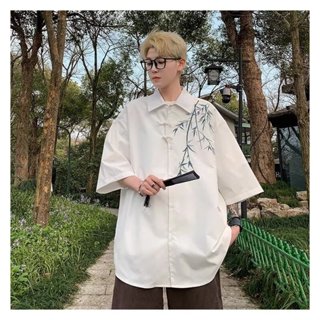 新中式中國風盤扣刺繡長袖襯衫 男裝設計感高級唐裝道袍襯衫外套春