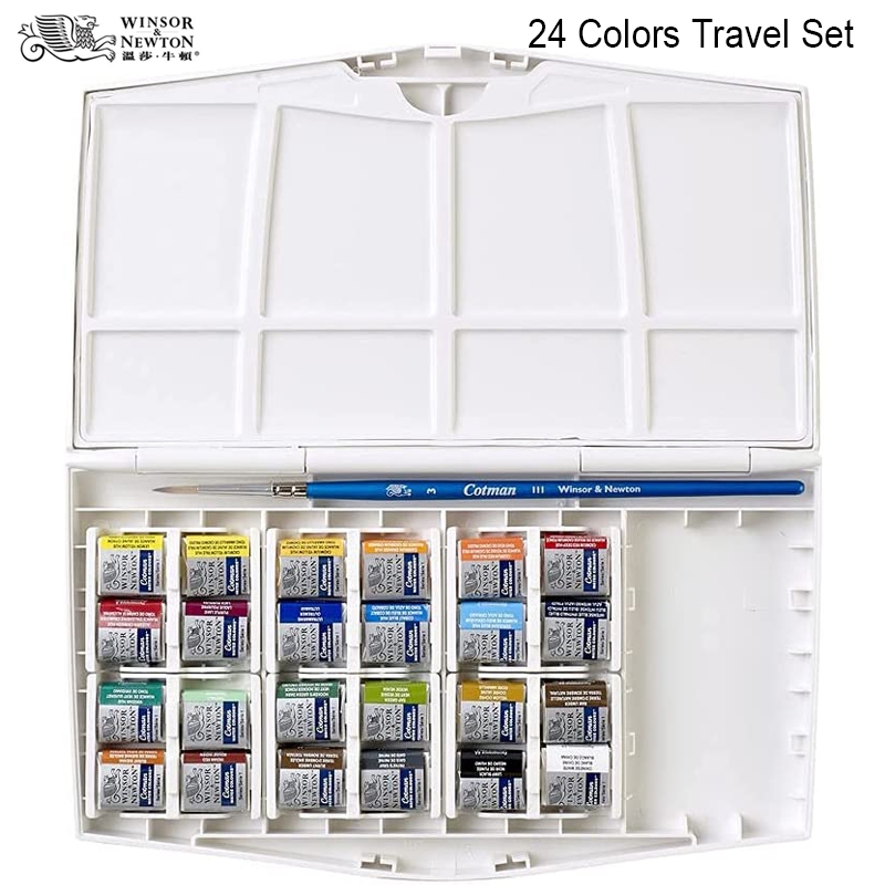 Winsor &amp; Newton Cotman溫莎牛頓 水彩旅行套裝 24 色固體水彩顏料顏料半盤和畫筆