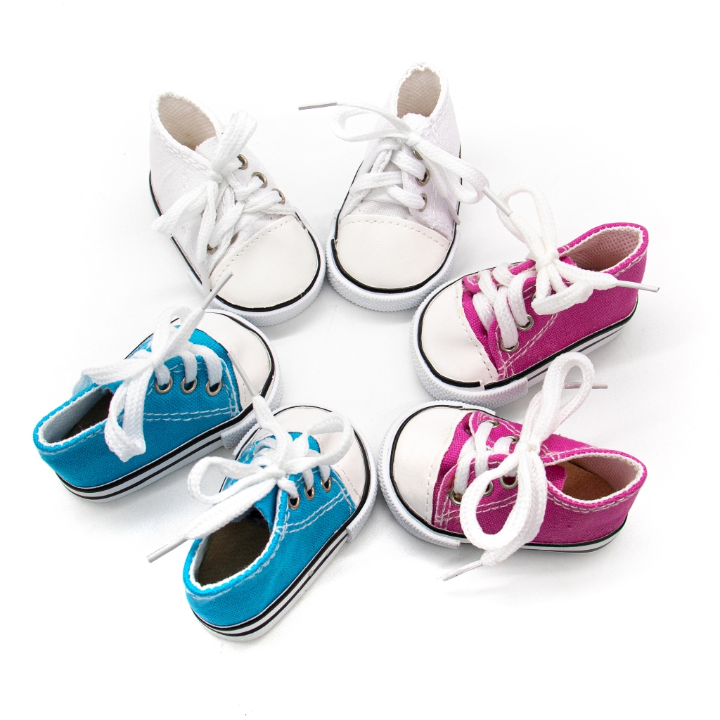 帶鞋帶鞋帶鞋帶的帆布網球鞋,適用於 18 英寸娃娃,粉紅色、白色和藍色