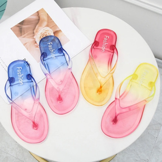【现货】女式人字拖沙灘拖鞋 PVC 透明透明水晶休閒涼鞋夏季沐浴室內戶外平底果凍鞋