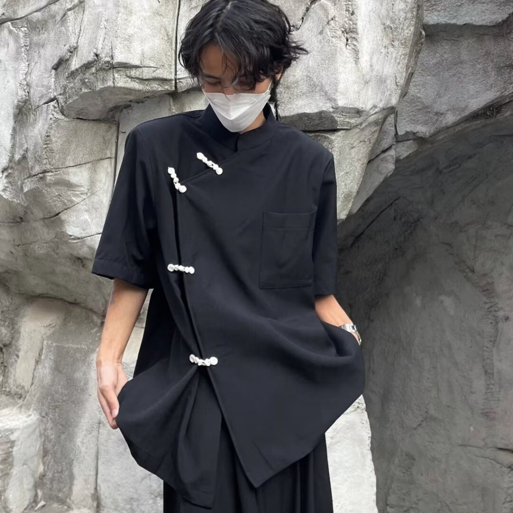 新中式國風短袖襯衫男2024夏季新款設計感小眾寬鬆中山裝襯衫外套