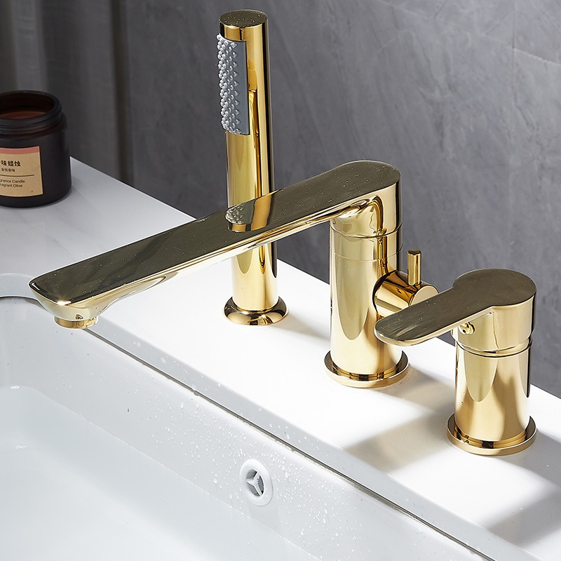 浴缸龍頭浴室浴缸側全銅旋轉分體式三件套淋浴套裝冷熱水龍頭金色