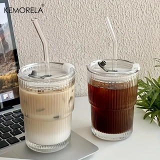 KEMORELA 1/2pcs 條紋玻璃杯透明玻璃杯帶蓋吸管冰咖啡杯茶杯果汁杯牛奶水杯耐高溫飲具