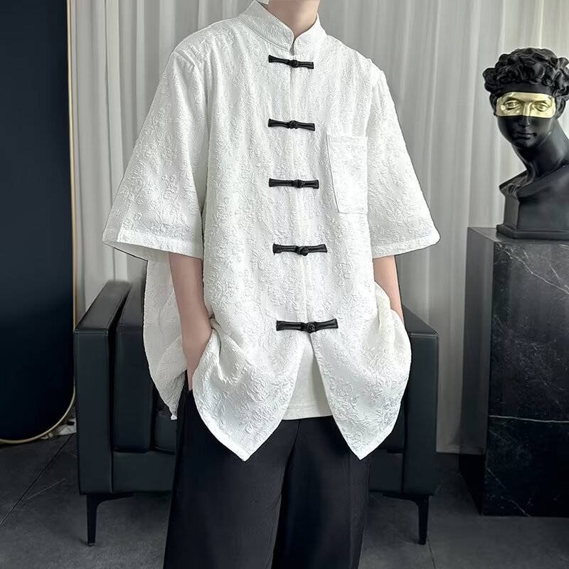 新中式國風短袖襯衫男 2024夏季新款設計感小眾寬鬆中山裝襯衫外套