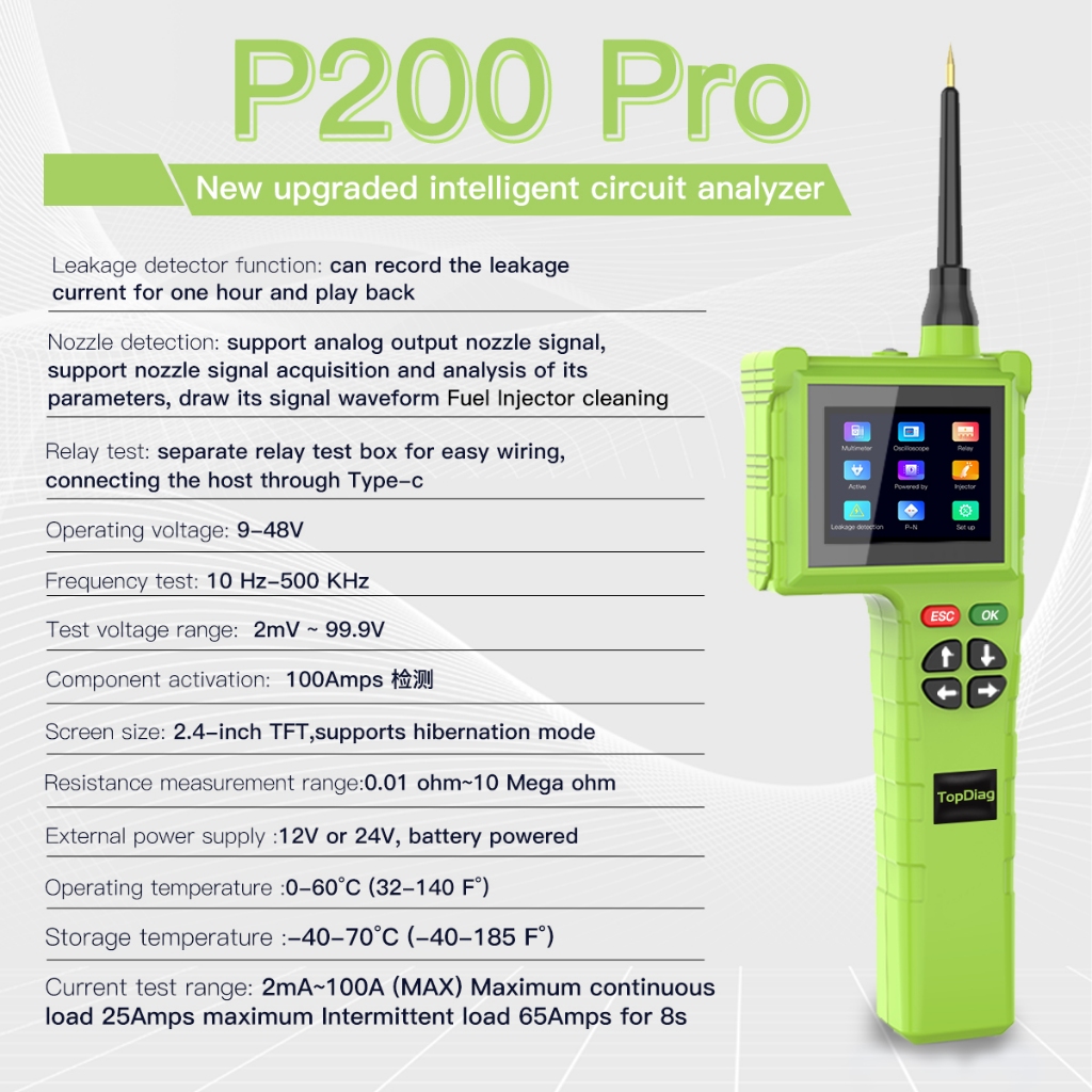 Topdiag P200 PRO Smart Hook Master Edition 9V-48V 電路測試儀可測試/清