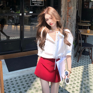 韓版休閒時尚套裝女裝寬鬆高級設計白色長袖襯衫+高腰紅色A字半身裙兩件套