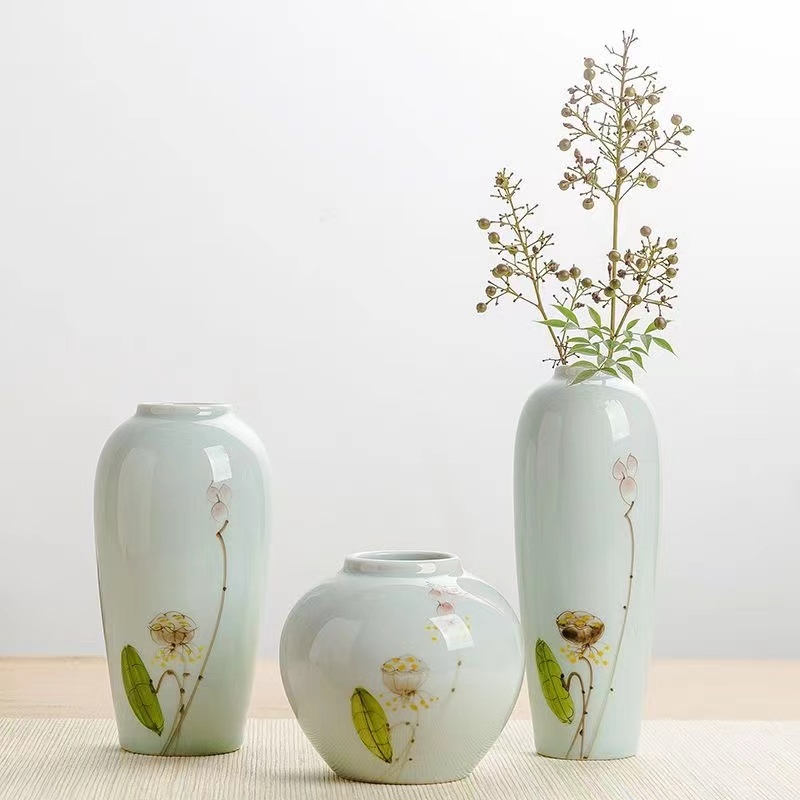 景德鎮手繪陶瓷小花瓶 三件式蓮花乾燥花器花插茶道桌面水培擺件 裝飾品花瓶