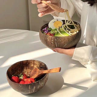 【Free Spirit】越南天然椰子殼碗 椰子碗 椰殼碗木勺套裝組合 沙拉碗 燕麥碗 酸奶碗 椰殼 餐具 甜品碗