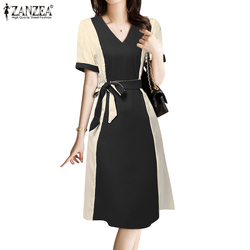 Zanzea 女式韓版時尚 V 領短袖繫帶連衣裙
