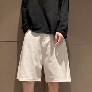 【S-3XL】韓版復古高街素色牛仔短褲男士青少年寬鬆百搭直筒休閒短褲