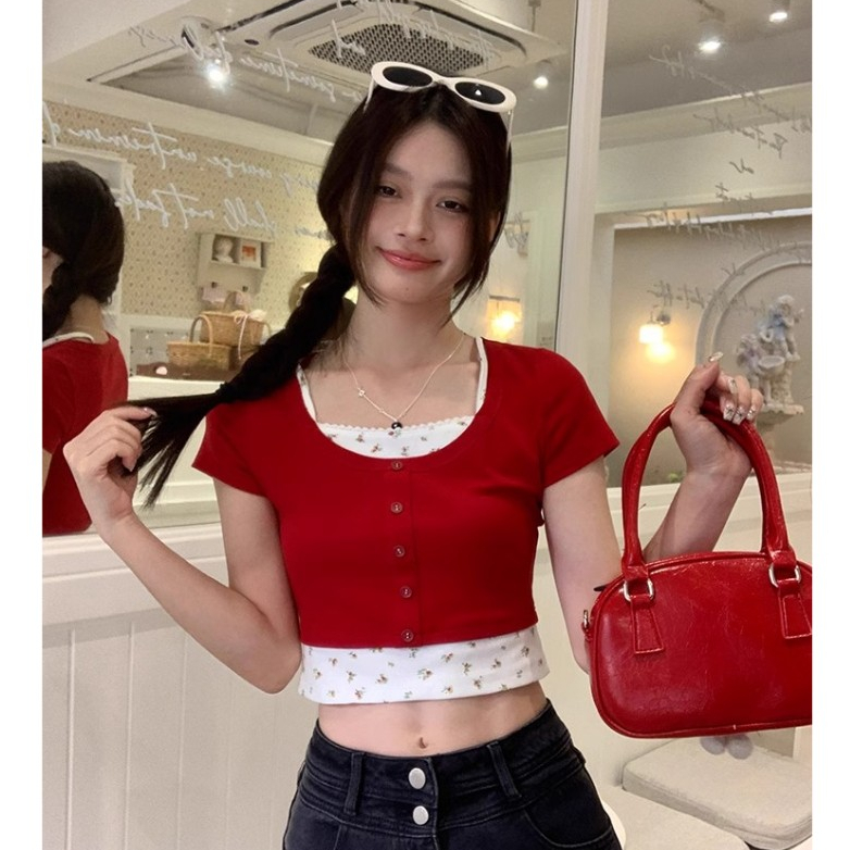 「NZN」韓版女裝碎花一字領短袖T恤女新款夏季蕾絲短版紅色上衣