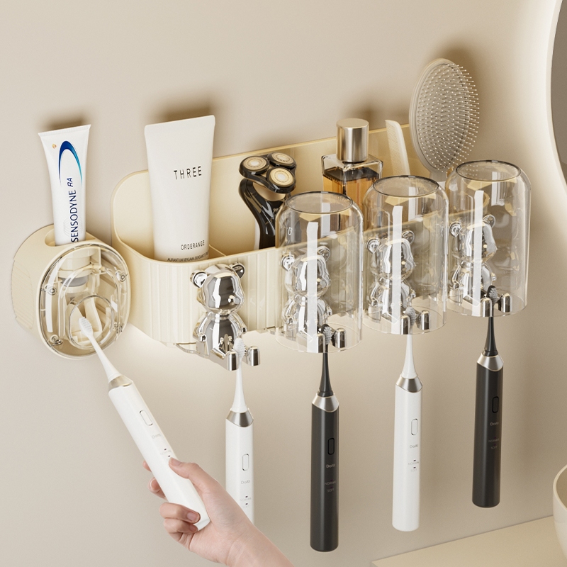 小熊牙刷架 自動擠牙膏器 漱口杯 置物架 免打孔壁掛 衛生間置物架 浴室收納