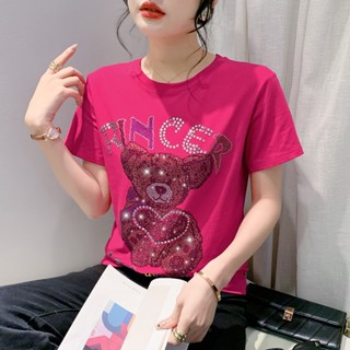現貨S-3XL短袖上衣 韓版女裝針織短袖T恤汗衫 女生衣著短袖衫 新款歐貨重工小熊燙鑽純棉短袖T恤女2024年休閒顯瘦百