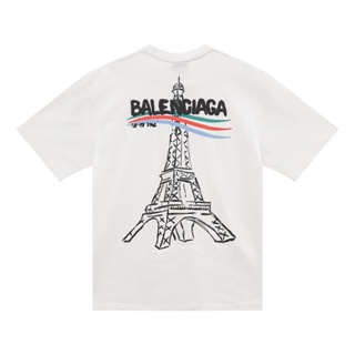 Balenci*ga巴黎*家2024新款新款爆款巴黎鐵塔LOGO休閒圓領短袖T恤男女同款