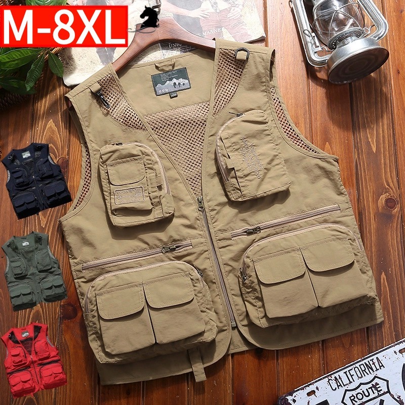 M-8XL 15個口袋 速乾大尺碼背心外套 馬甲 男式休閒戶外多口袋外套 釣魚攝影網眼無袖外套 背心