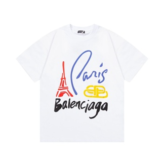 Balenci*ga巴黎*家 高級 鐵塔字母logo休閒圓領短袖T恤男女同款