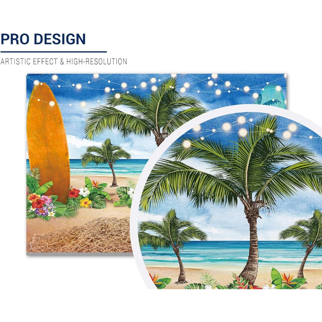 夏季海灘海洋攝影背景藍天海邊衝浪板熱帶棕櫚樹 Luau 兒童女孩 1 歲生日派對裝飾橫幅嬰兒淋浴 7x5 英尺攝影背景照