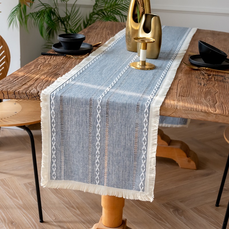 桌旗條紋桌巾鏤空裝飾餐桌旗棉麻布藝裝飾派對加長桌布桌墊