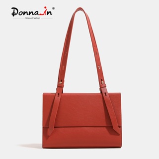 Donnain 天然牛皮革單肩腋下包女士時尚手提包真皮紅色時尚配色