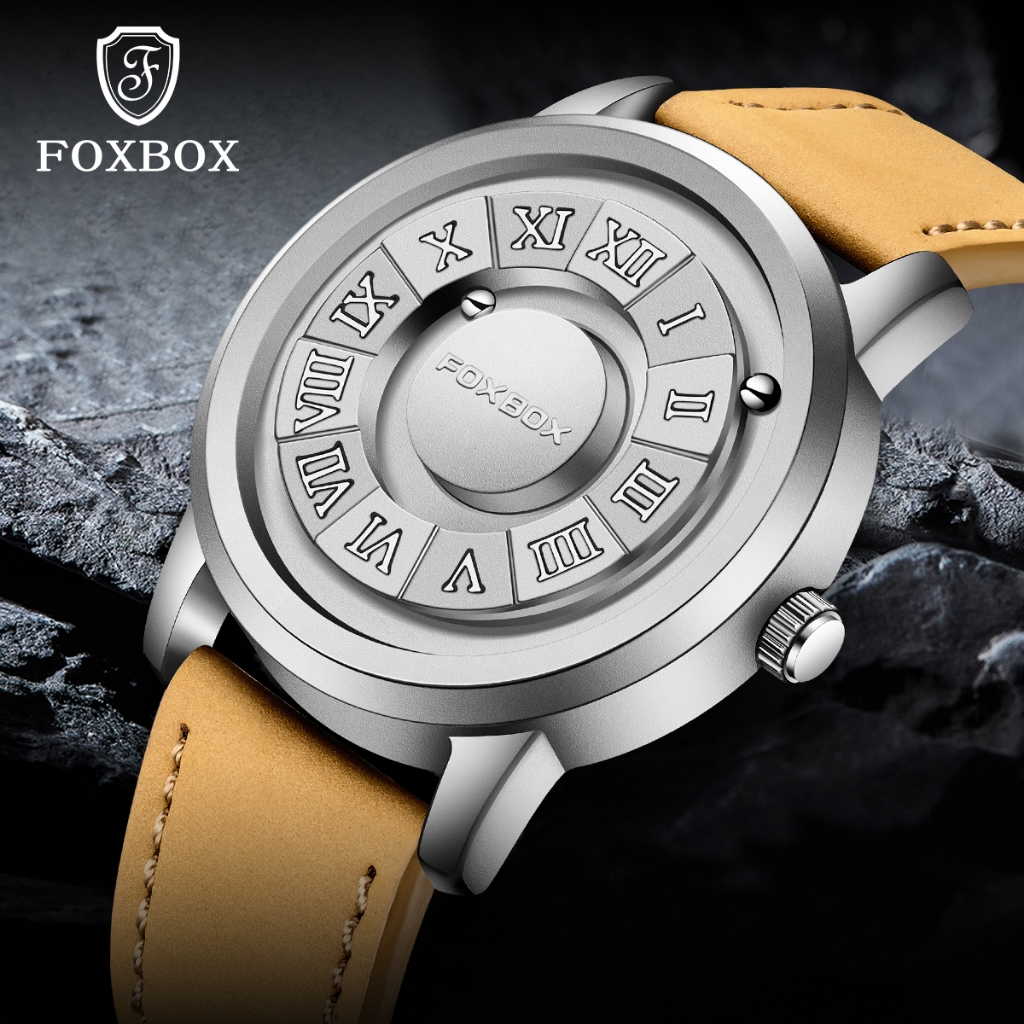 FOXBOX原創手錶男士新款時尚設計個性創意磁滾珠石英皮革和不銹鋼防水休閒LIGE運動手錶男