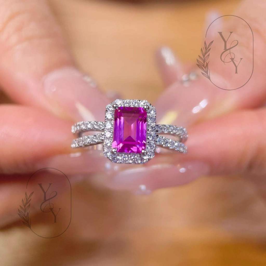 3克蘭粉色藍寶石高定祖母綠切工甜美溫柔戒指氣質精培育紅指環