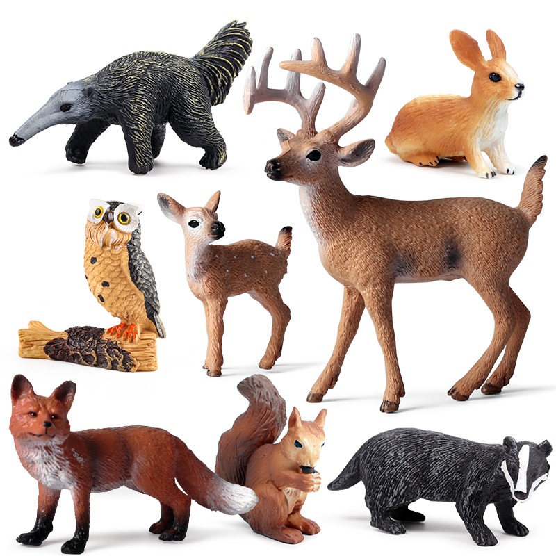 聖誕禮物仿真野生森林動物模型實體兔白尾鹿狐狸貓頭鷹玩具