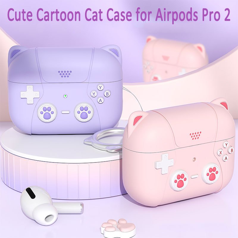 可愛卡通 AirPods Pro 2 遊戲保護套,軟矽膠貓設計皮膚保護套 AirPods Pro 第 2 代充電盒帶掛繩