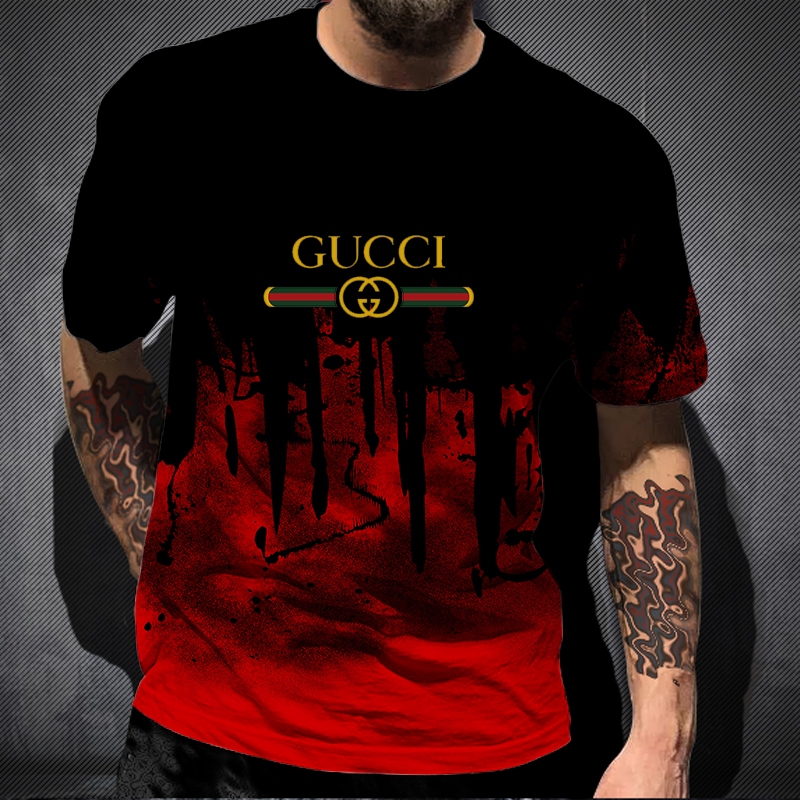 古馳 Gucci Letter Logo 酷炫3D打印漸變紮染休閒T恤