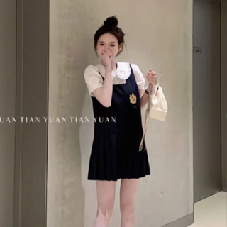 韓版休閒時尚套裝女裝寬鬆學院風短袖圓領白色襯衫+A字吊帶洋裝兩件套