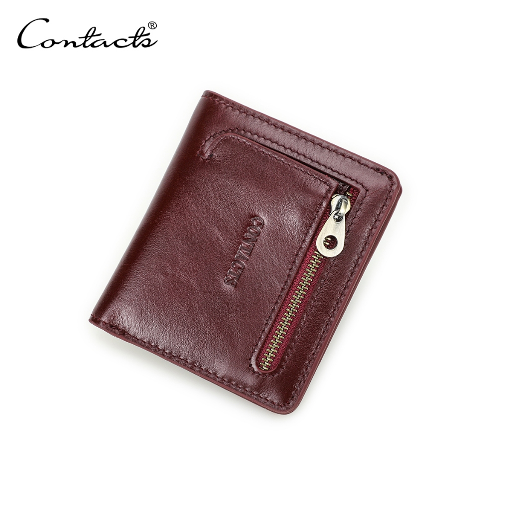 CONTACT'S 真皮女士小錢包迷你拉鍊零錢包女短錢包雙折 RFID 卡夾錢袋