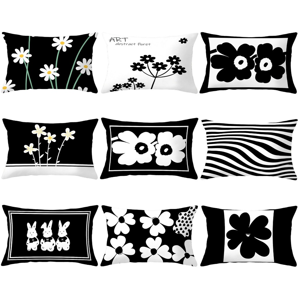 50×70.40×60.30×50.黑色白色花朵枕套棉。家居裝飾沙發腰靠墊套。兒童房床上用品抱枕套。矩形枕套。