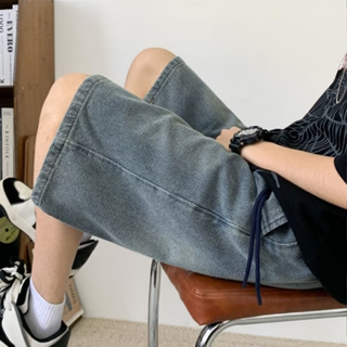 【S-3XL】復古波浪紋牛仔短褲男士夏季寬鬆運動休閒百搭抽繩短褲