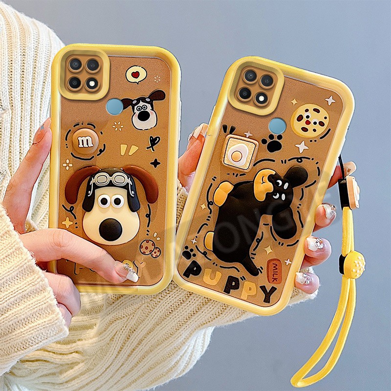 適用於 Realme C21 外殼豪華矽膠防震手繩 RMX3201 手機殼三維立體娃娃卡通七彩邊軟手機殼狗