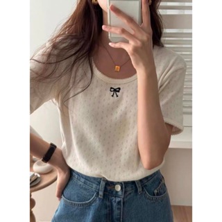 「NZN」 韓版時尚女士蝴蝶結刺繡簡約短袖t恤上衣
