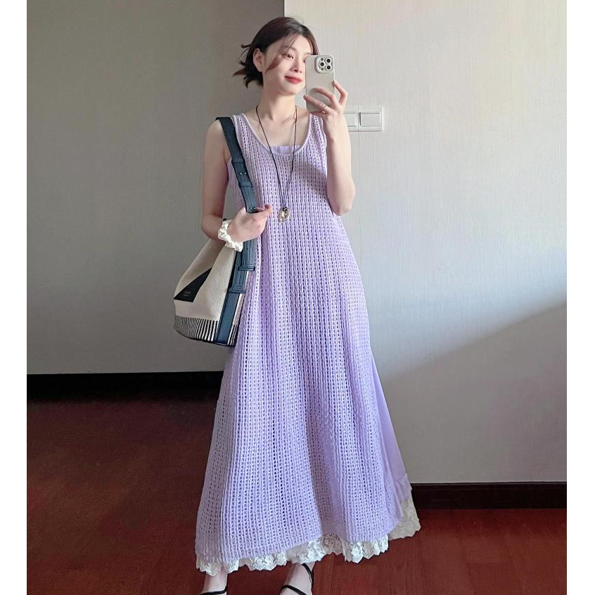 韓版休閒旅行度假紫色長裙女裝寬鬆顯瘦圓領無袖中長款針織A字洋裝兩件套