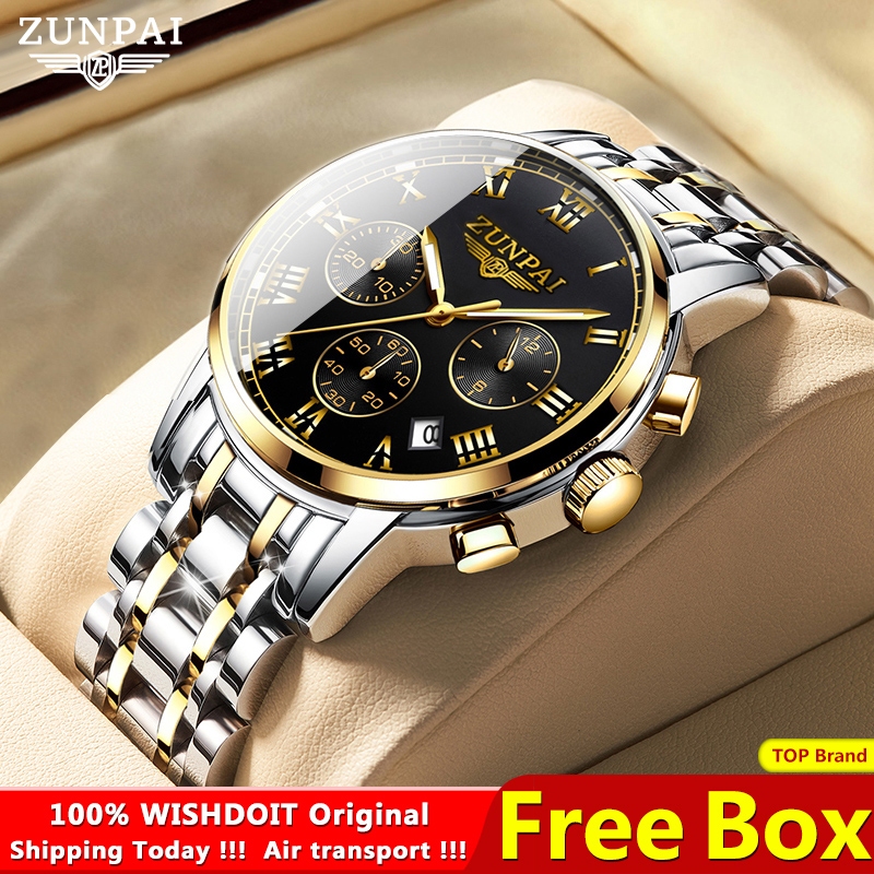 ZUNPAI 男士手錶原裝 防水不銹鋼 多功能腕錶
