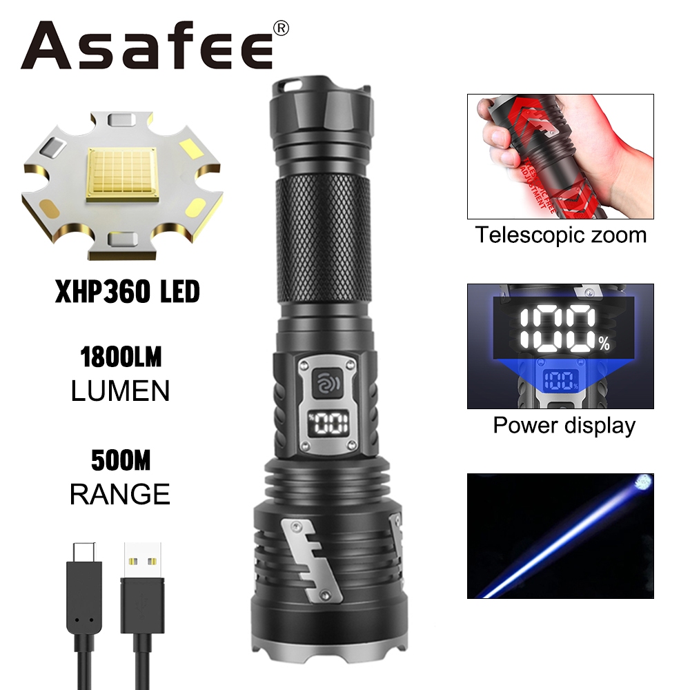 Asafee 1426A 戶外手電筒 30W+XHP360 LED 手電筒大功率範圍 1500M 超亮戰術伸縮變焦泛光燈