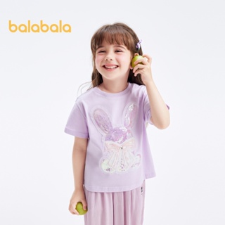 Balabala兒童短袖t恤女童上衣寶寶兒童2024新款純棉夏裝簡約百搭