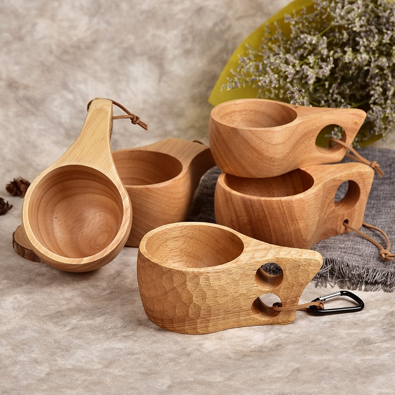 木質芬蘭杯橡膠木整木杯子創意北歐風帶手柄掛扣隨手杯牛奶咖啡杯