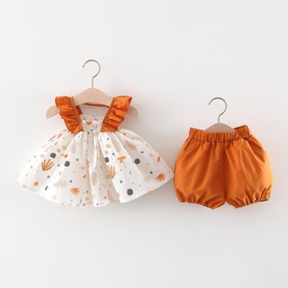 女嬰夏季套裝 2 件連衣裙和短褲吊帶碎花連衣裙時尚套裝