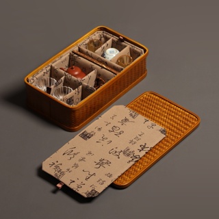 復古風新款手工竹編收納盒帶蓋手提篮茶箱旅行茶具配件大容量