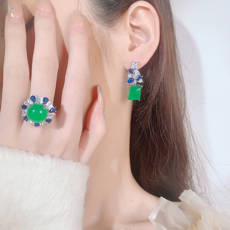 珠寶首飾套裝925純銀針耳環戒指 仿綠玉髓兩件套戒指耳環女