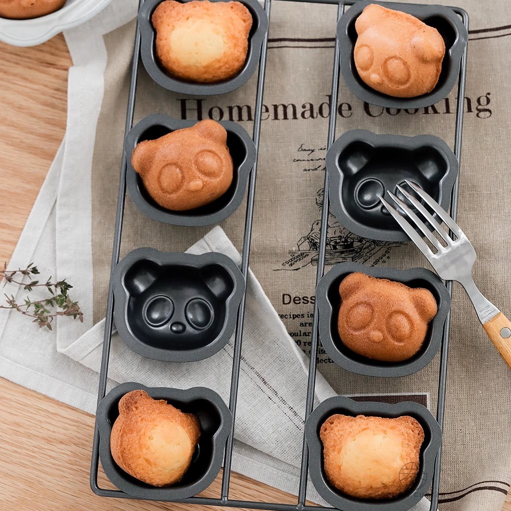 8腔卡通熊貓造型碳鋼瑪德琳吐司蛋糕盤糖霜年糕家用diy烘焙裝飾配件模具