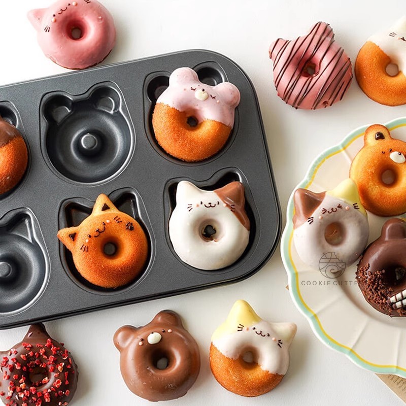 6腔甜甜圈形狀碳鋼瑪德琳吐司蛋糕盤卡通熊貓圖案翻糖蛋糕diy烘焙裝飾模具